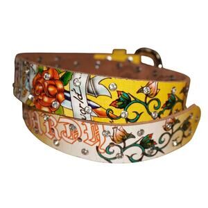 Ed Hardy by Christian Audigier Tattoo Graphic Studded Leather Belt Size S